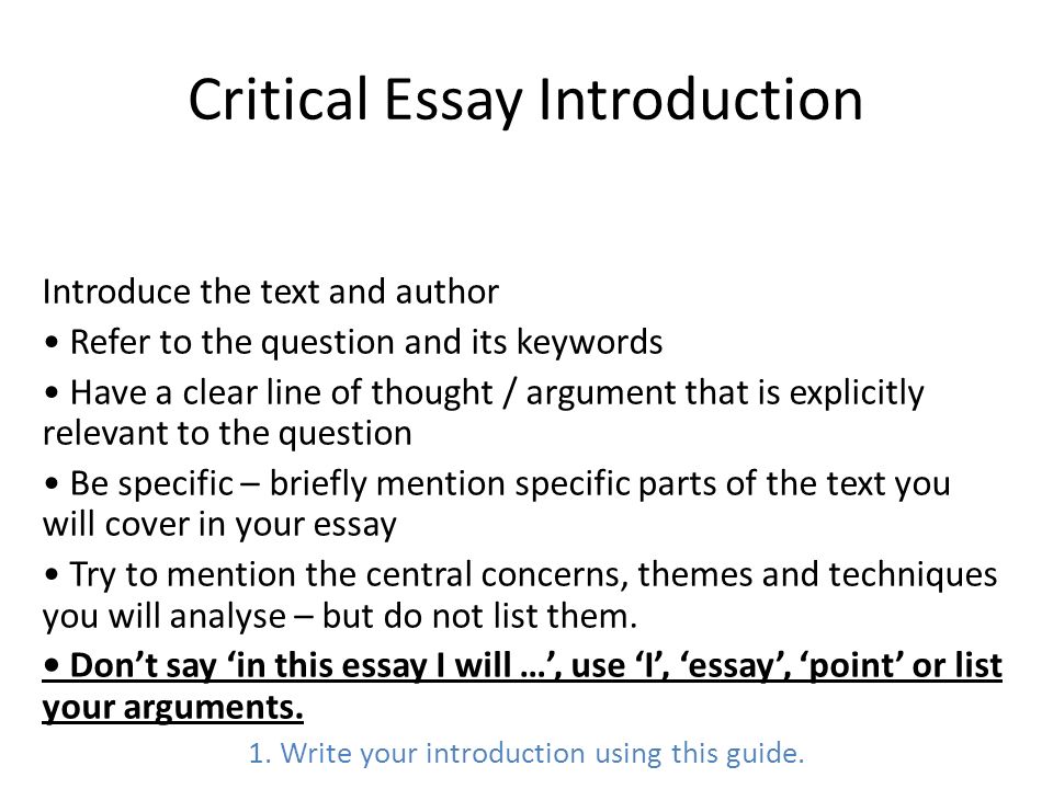 Feb 23, · Writing a Critical Essay.A critical essay provides interpretation and analysis of a set text, piece of music, a painting, or play.It must be written with an academic purpose; it often proposes a sound argument.Although frequently confused with a review, a critical essay is more similar to a formal essay.